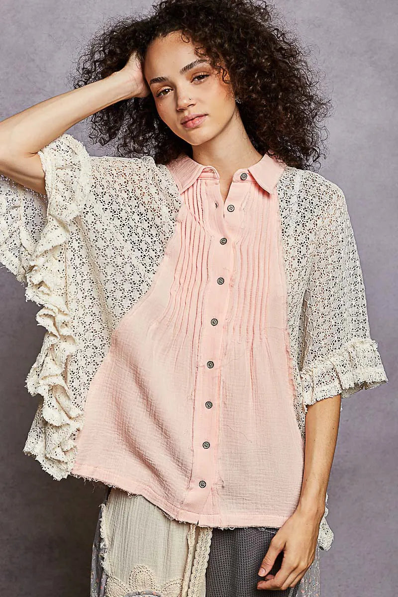 POL Button Down Front Pleated Shirt with Crochet Patch - BABY PINK / S