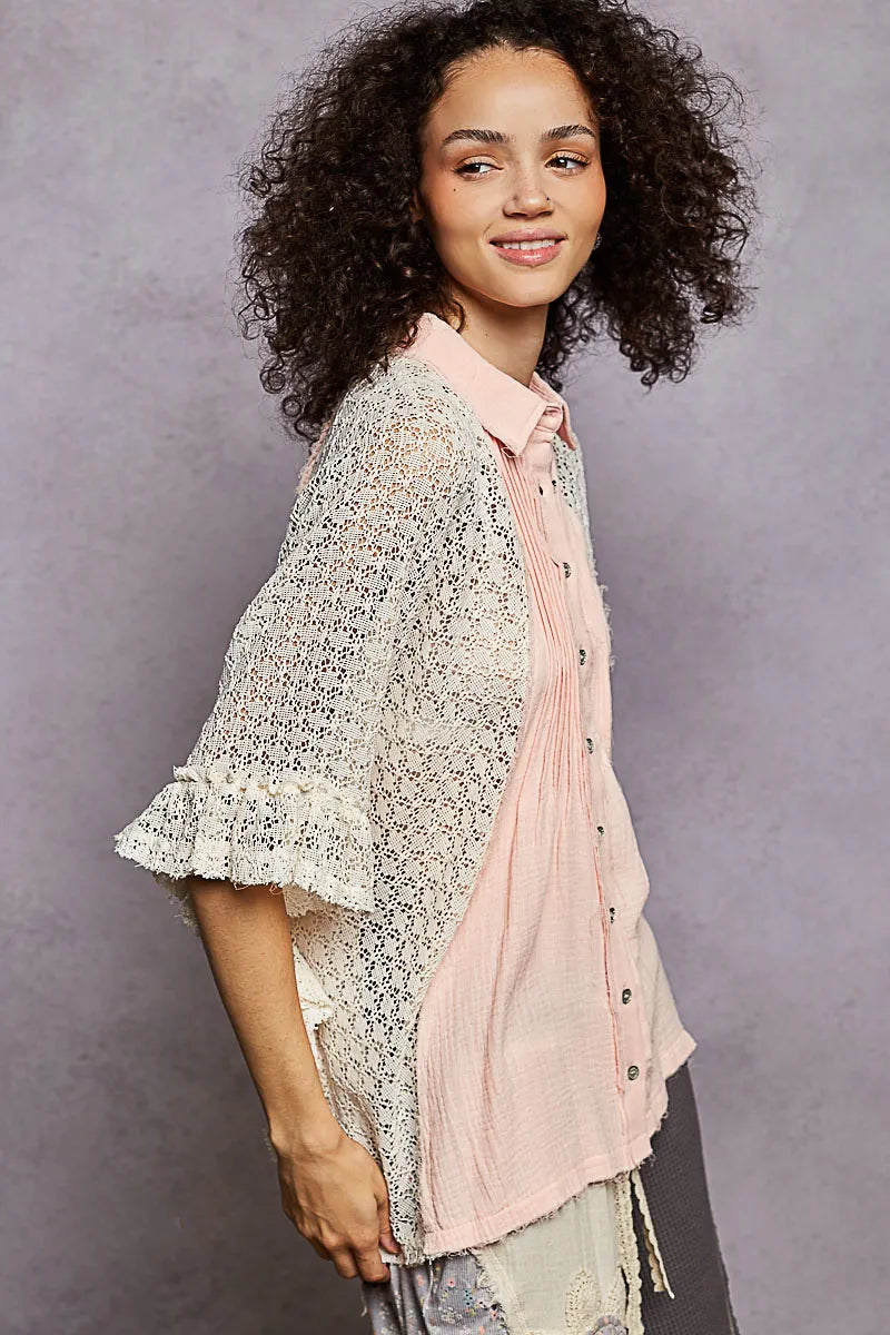POL Button Down Front Pleated Shirt with Crochet Patch - BABY PINK / S