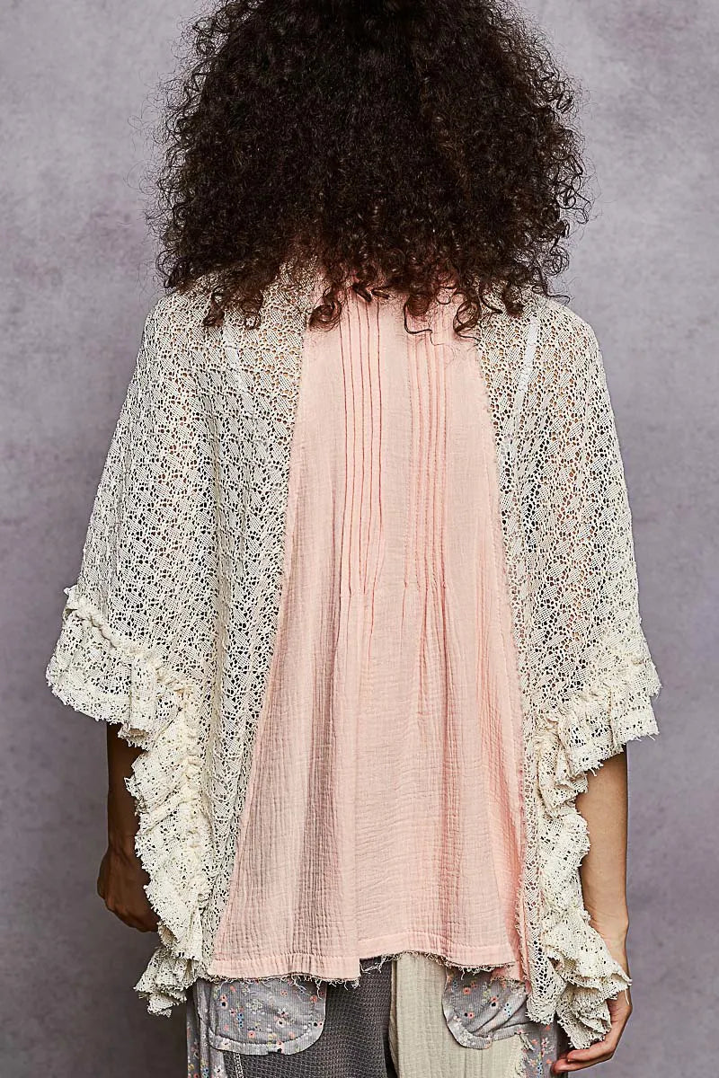 POL Button Down Front Pleated Shirt with Crochet Patch - BABY PINK / S