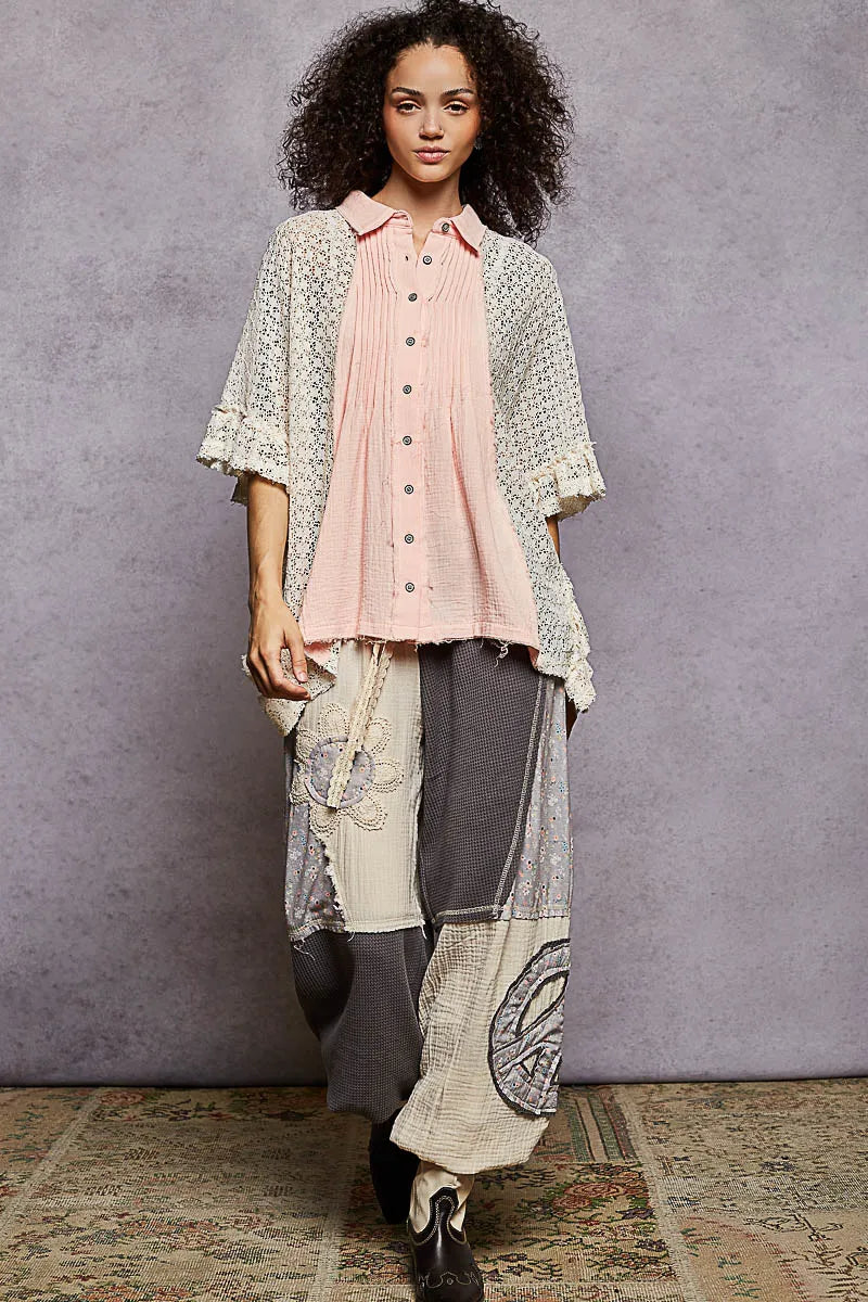 POL Button Down Front Pleated Shirt with Crochet Patch - BABY PINK / S