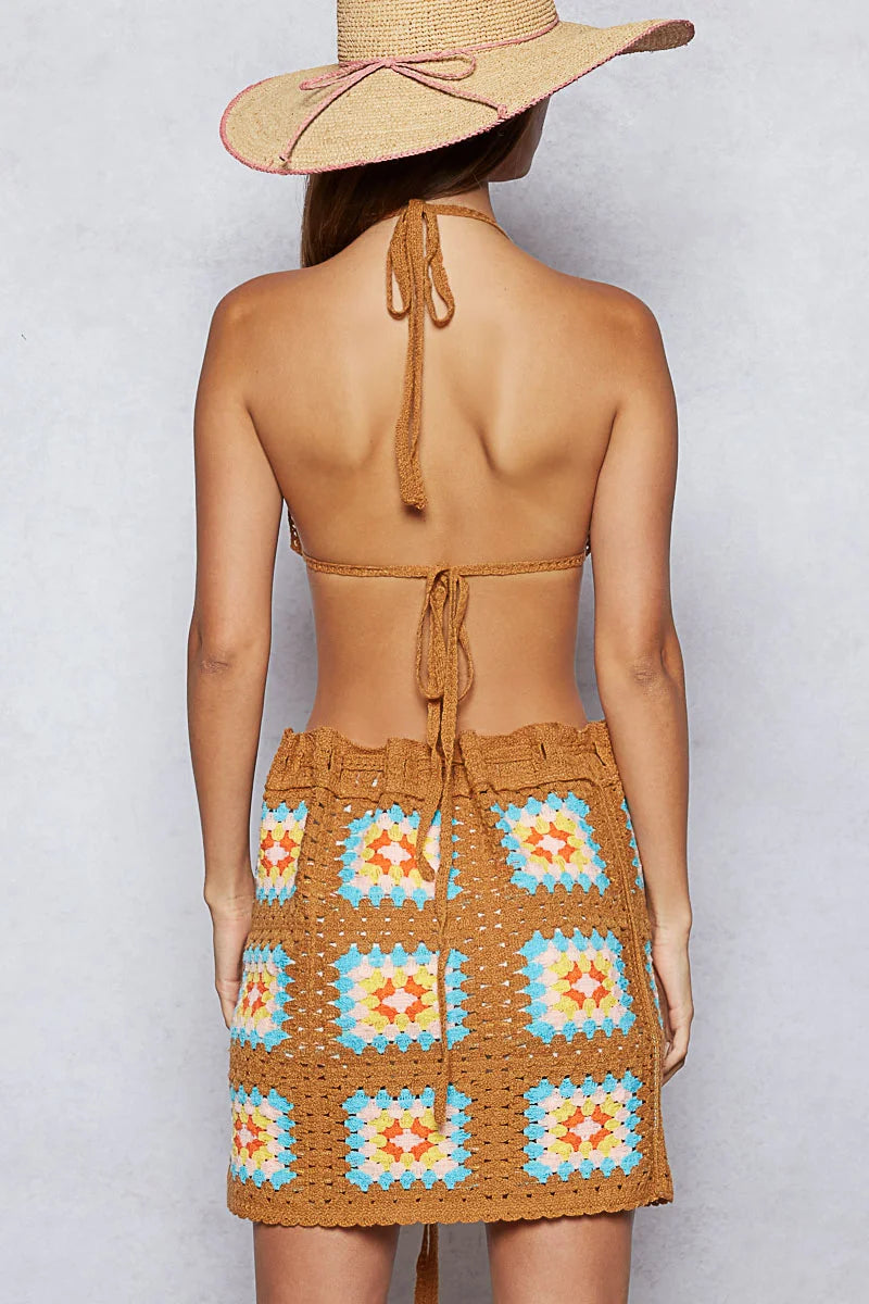 POL Crochet Halter Neck Cami and Skirt Sweater Set - Mustard / One Size