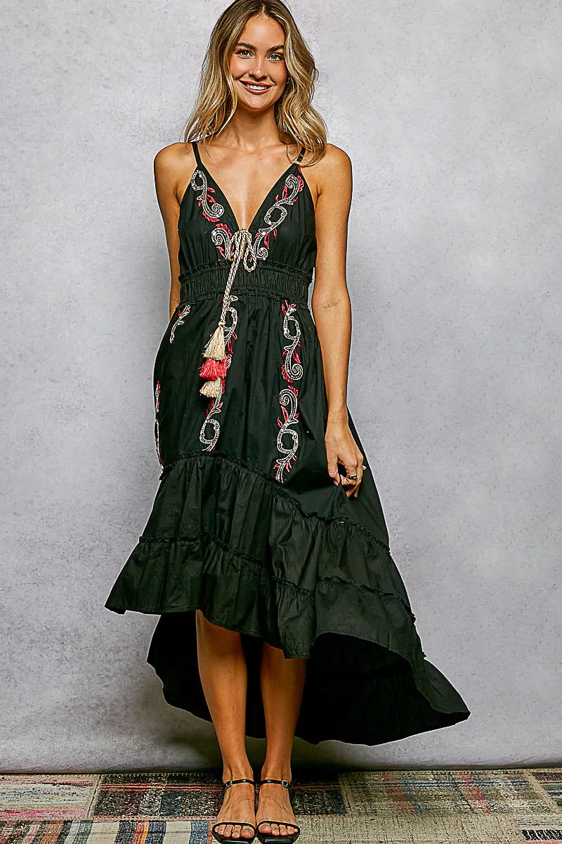 POL Embroidered Detail Tassel Tie Smocked Waist Midi Tiered Cami Dress - Black - BLACK / S