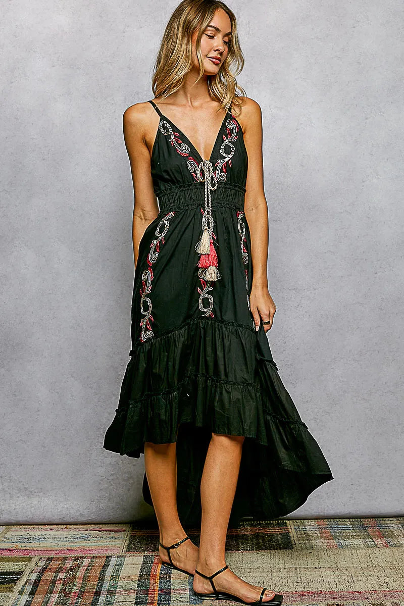 POL Embroidered Detail Tassel Tie Smocked Waist Midi Tiered Cami Dress - Black - BLACK / S