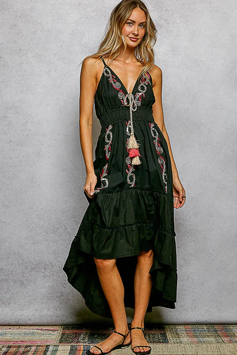 POL Embroidered Detail Tassel Tie Smocked Waist Midi Tiered Cami Dress - Black - BLACK / S