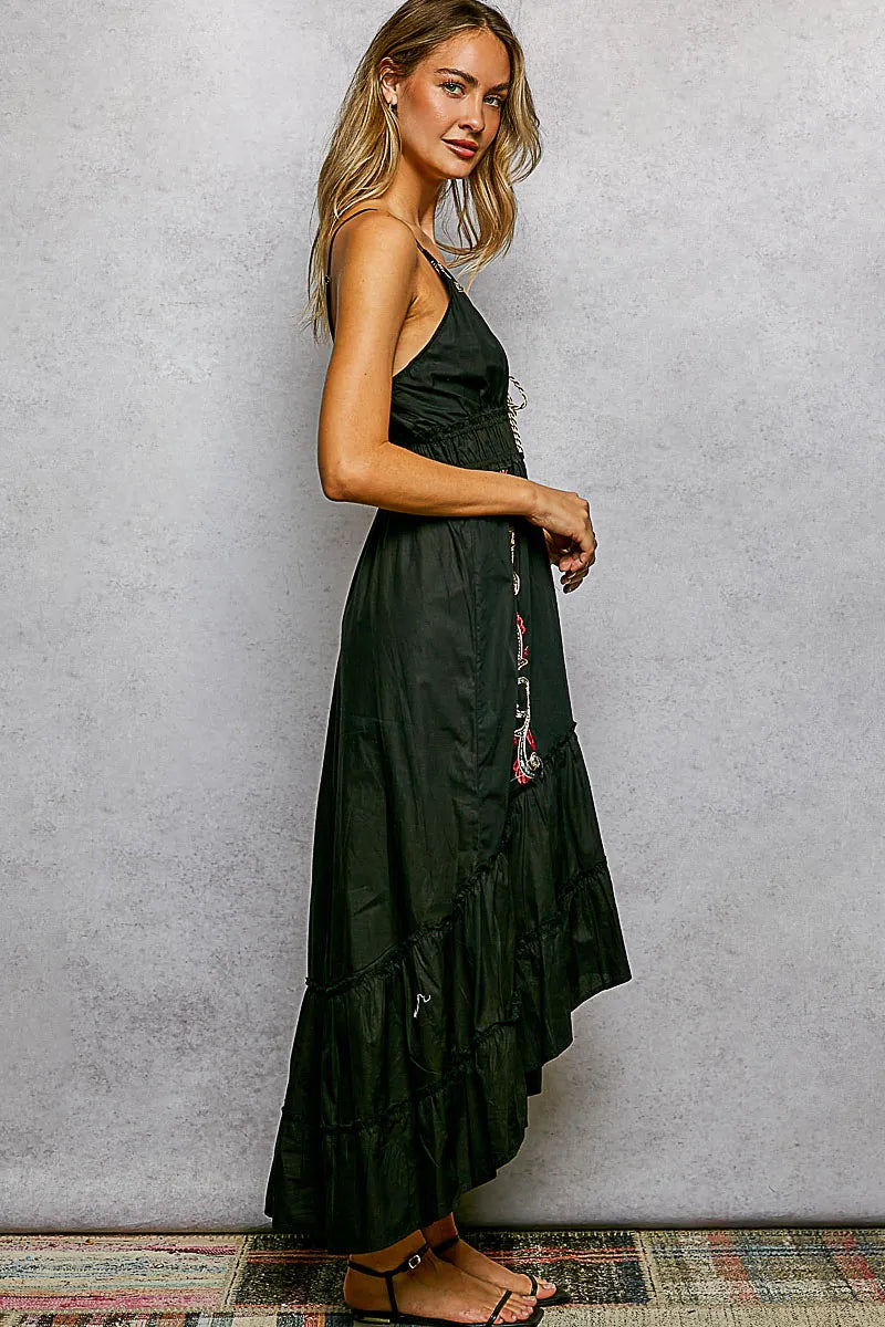 POL Embroidered Detail Tassel Tie Smocked Waist Midi Tiered Cami Dress - Black - BLACK / S