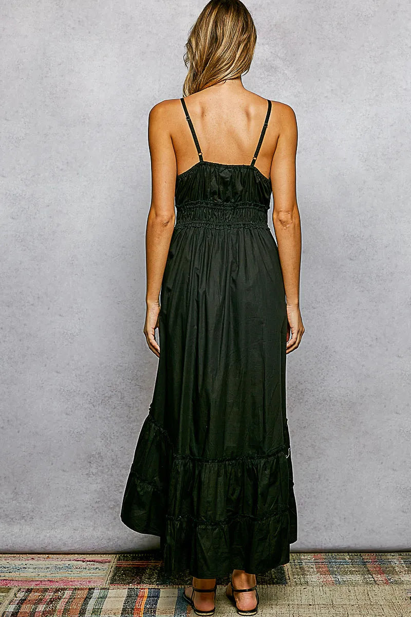 POL Embroidered Detail Tassel Tie Smocked Waist Midi Tiered Cami Dress - Black - BLACK / S