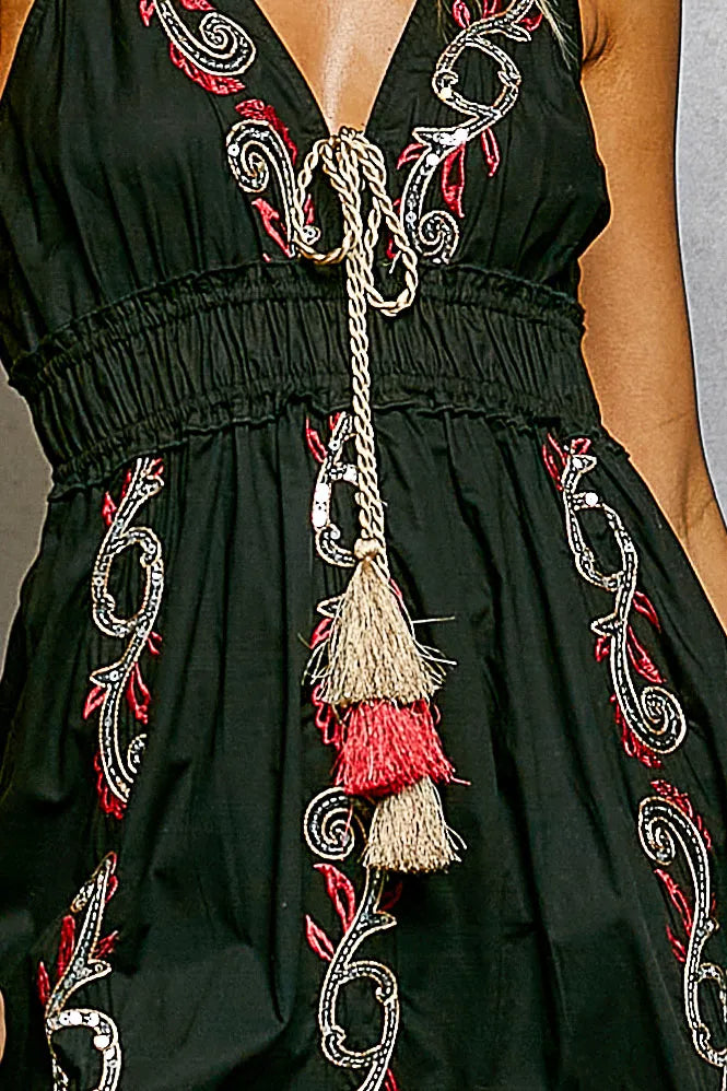 POL Embroidered Detail Tassel Tie Smocked Waist Midi Tiered Cami Dress - Black - BLACK / S