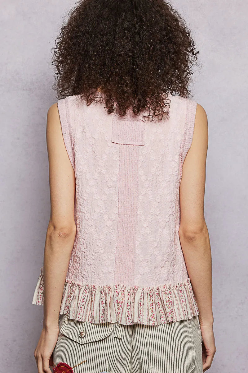 POL Floral Print V-Neck Textured Tank - Pink - BLUSH / S