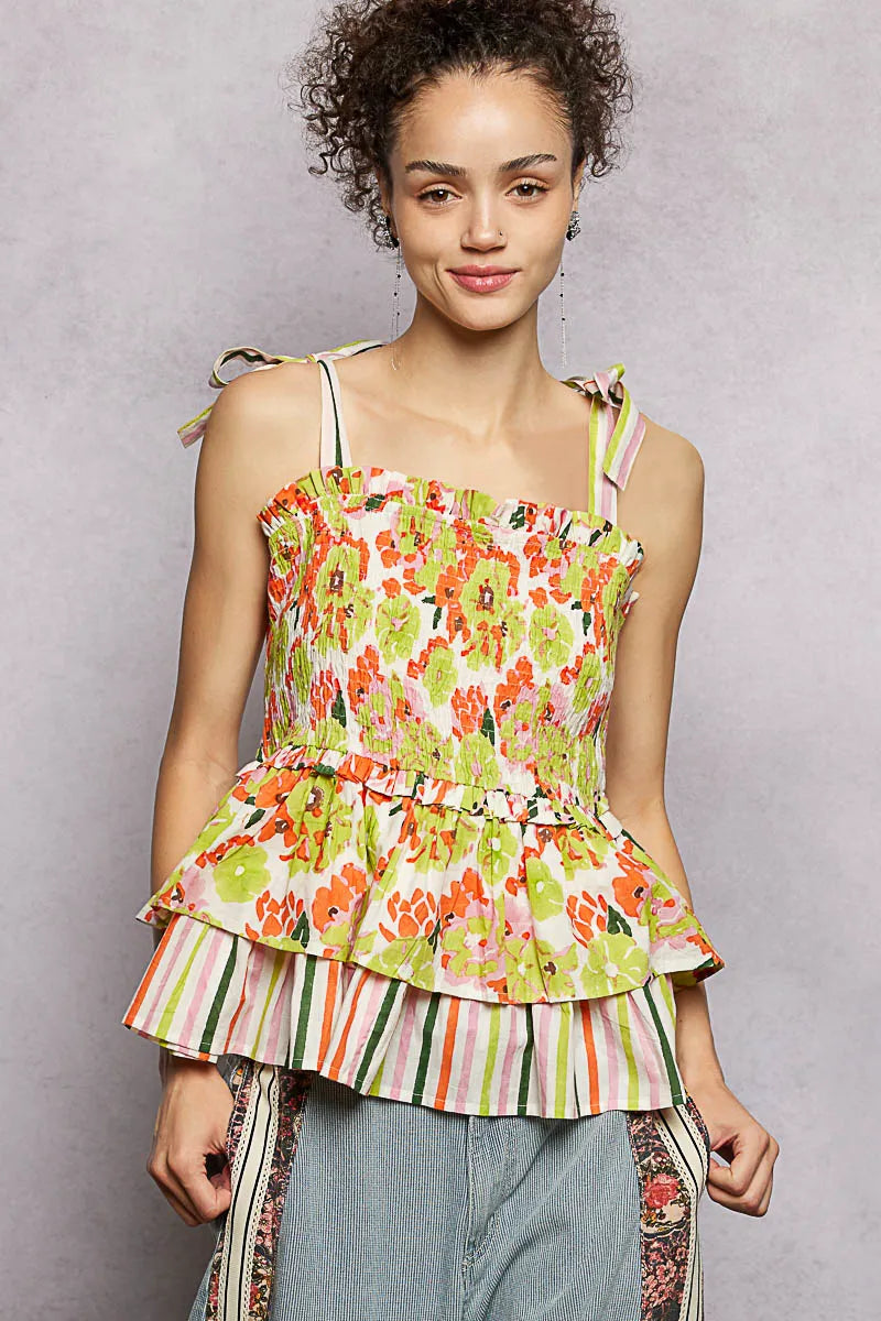 POL Floral Smocked Ruffled Cami with Tie Shoulder Straps - LIME / S