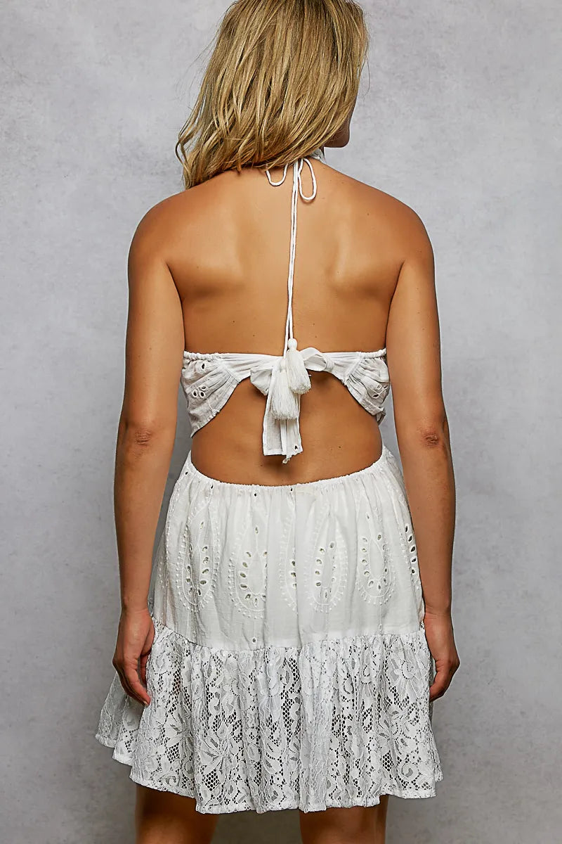 POL Halter Lace Patch Ruffle Mini Dress with Adjustable Tie on Back - IVORY / S