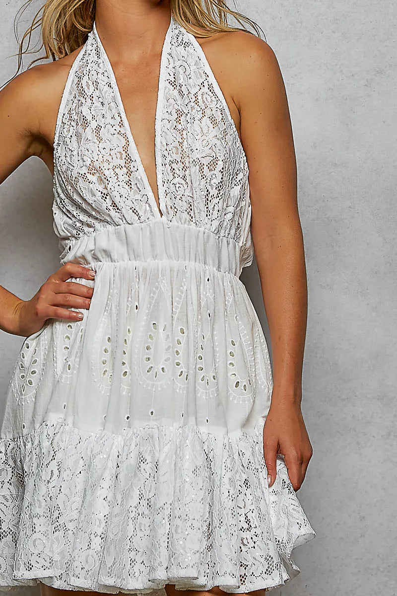 POL Halter Lace Patch Ruffle Mini Dress with Adjustable Tie on Back - IVORY / S