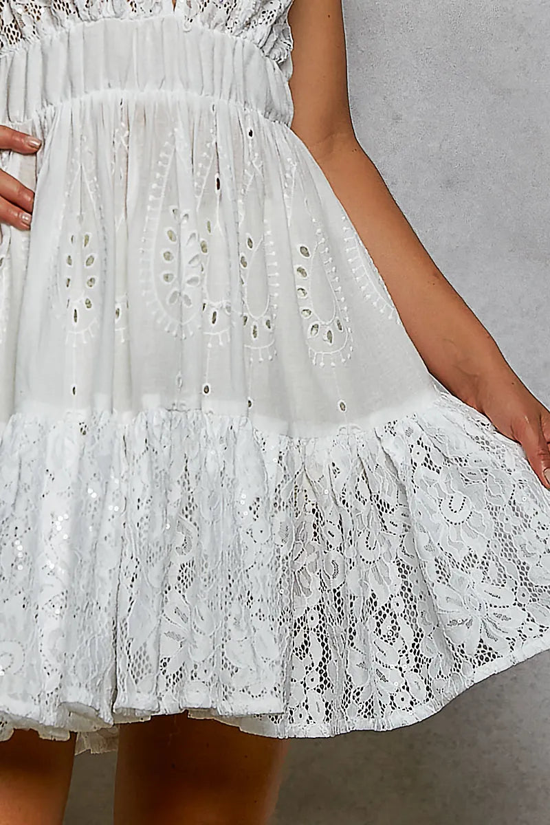 POL Halter Lace Patch Ruffle Mini Dress with Adjustable Tie on Back - IVORY / S