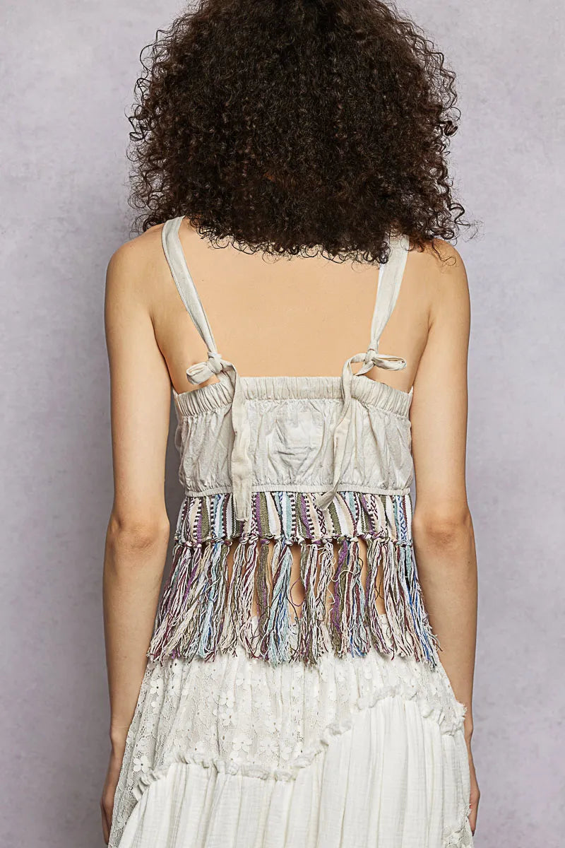 POL Lace-Up Fringe Hem Tank with Lace Detail - NATURAL / S