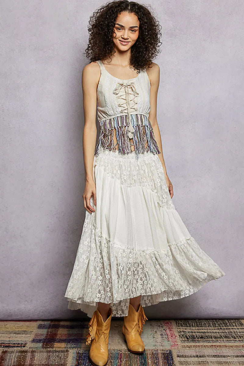 POL Lace-Up Fringe Hem Tank with Lace Detail - NATURAL / S
