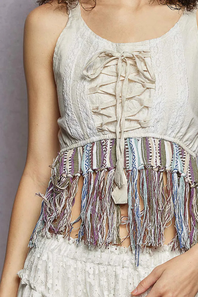 POL Lace-Up Fringe Hem Tank with Lace Detail - NATURAL / S