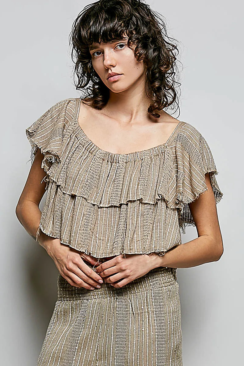 POL Off-Shoulder Ruffle Crop Top - MOCHA / S