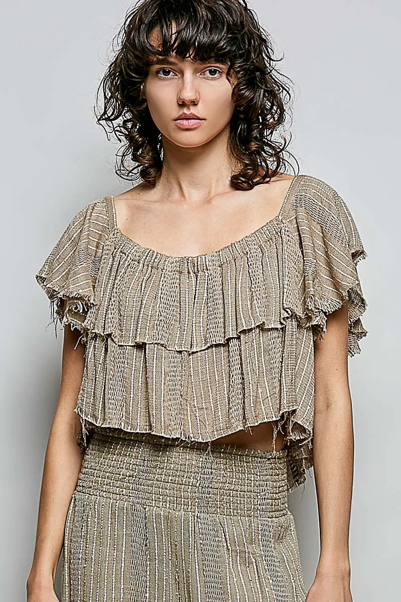 POL Off-Shoulder Ruffle Crop Top - MOCHA / S