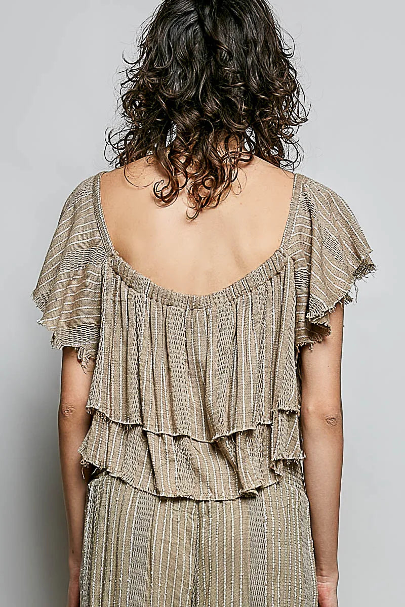 POL Off-Shoulder Ruffle Crop Top - MOCHA / S