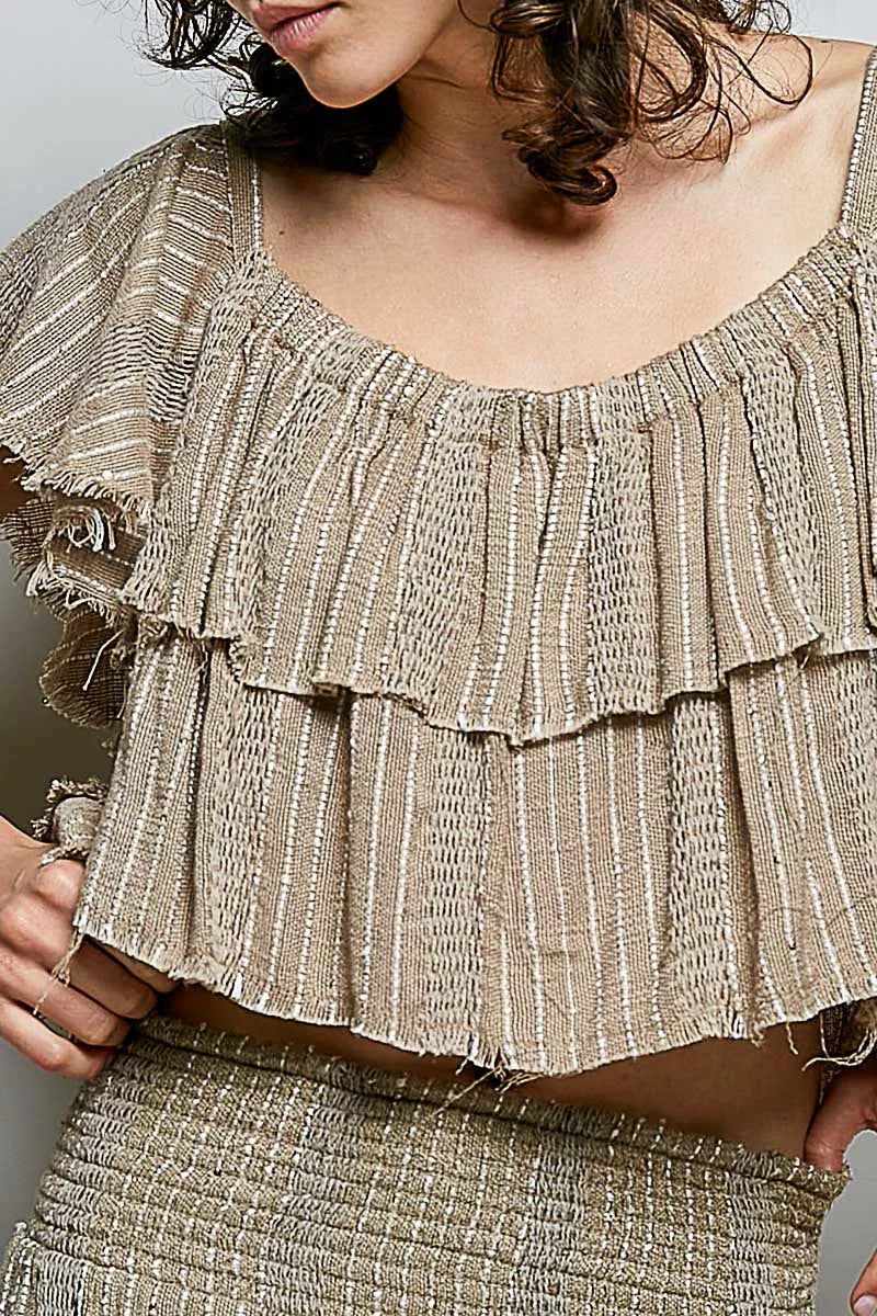 POL Off-Shoulder Ruffle Crop Top - MOCHA / S