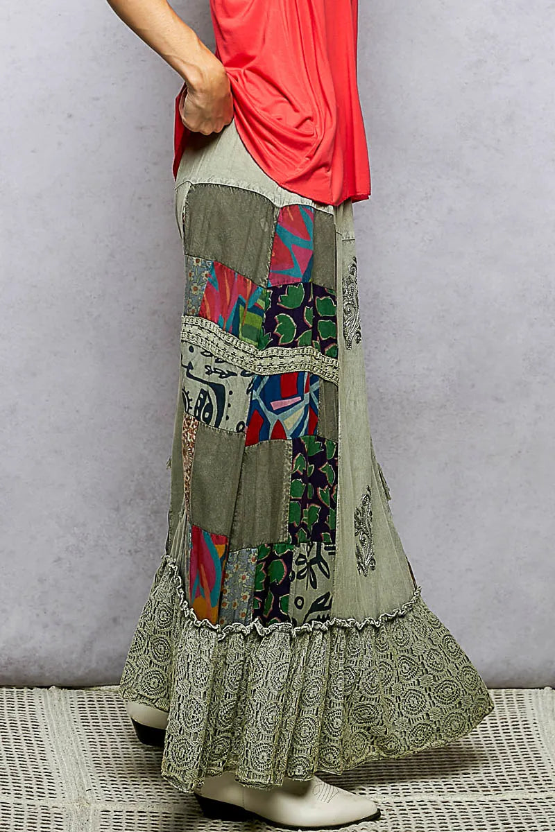 POL Printed Patchwork Embroidered Ruffled Skirt - SAGE / S
