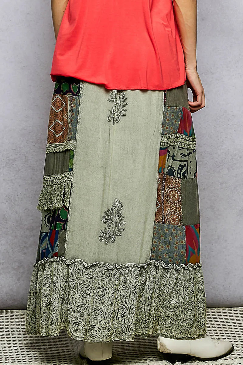 POL Printed Patchwork Embroidered Ruffled Skirt - SAGE / S