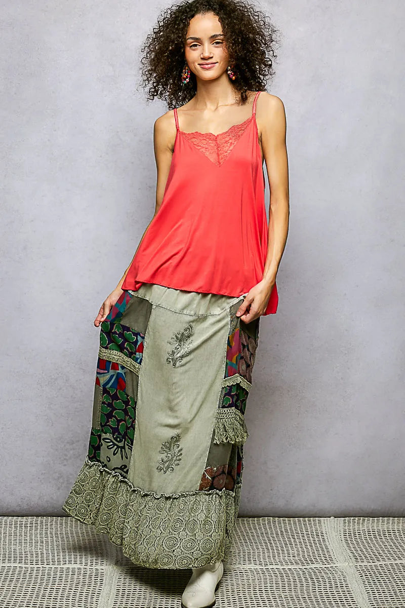 POL Printed Patchwork Embroidered Ruffled Skirt - SAGE / S