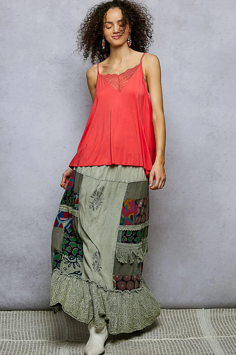 POL Printed Patchwork Embroidered Ruffled Skirt - SAGE / S