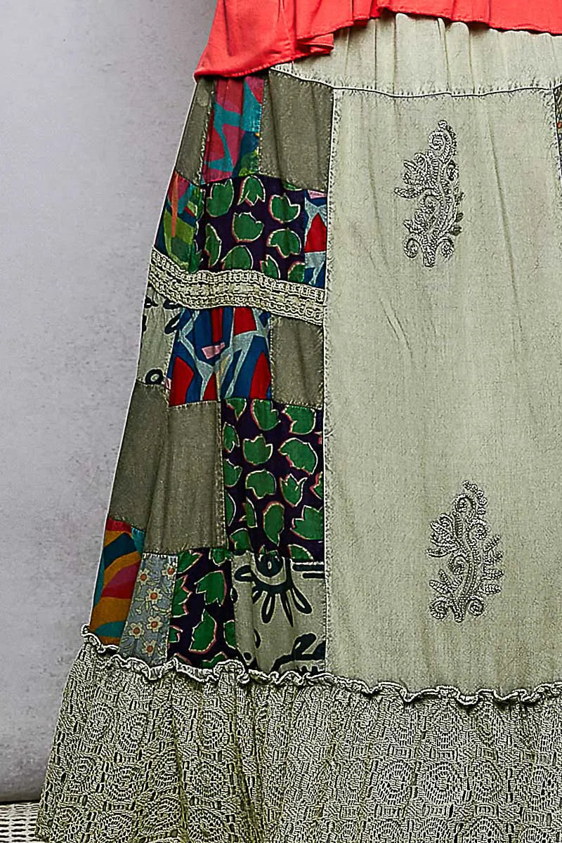POL Printed Patchwork Embroidered Ruffled Skirt - SAGE / S
