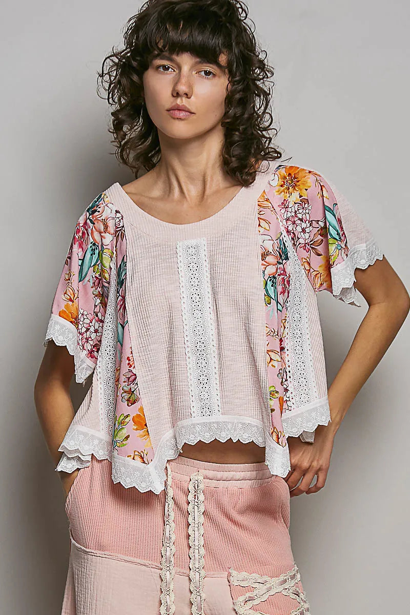 POL Round Neck Ribbed Cropped Top with Lace Detail - PALE PINK / S