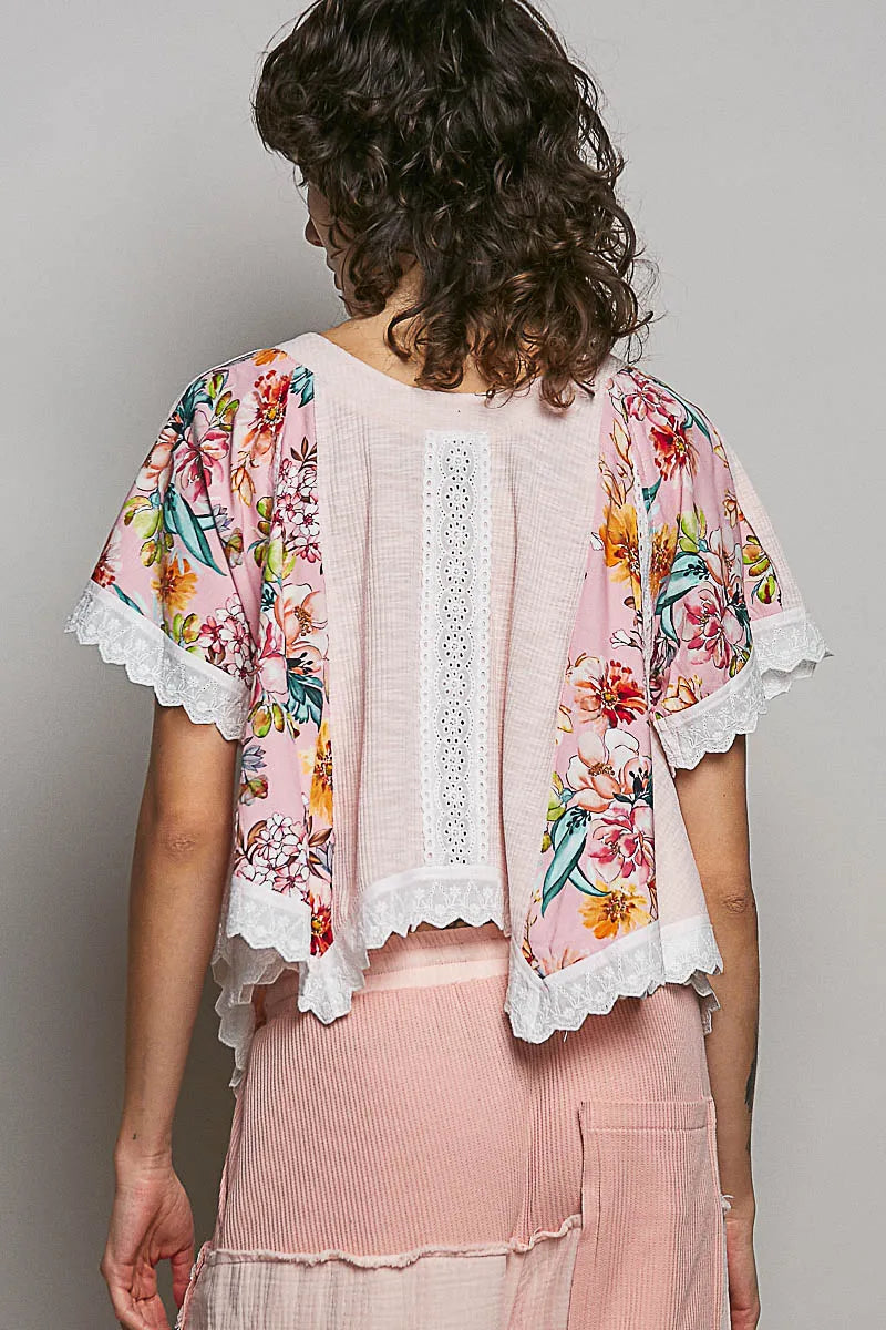 POL Round Neck Ribbed Cropped Top with Lace Detail - PALE PINK / S