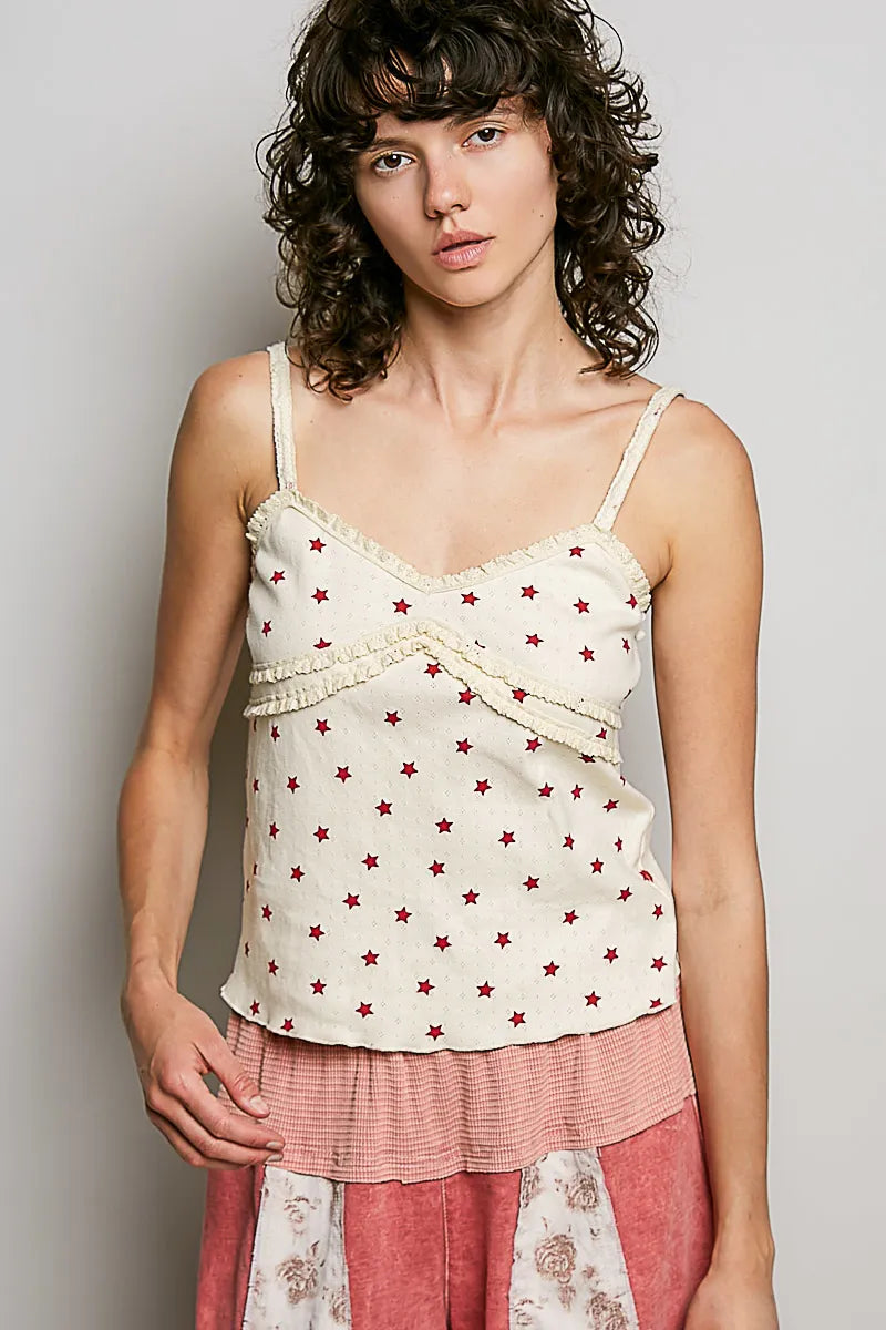 POL Star Printed Lightweight Ribbed Knit Cami - NATURAL MULTI / S