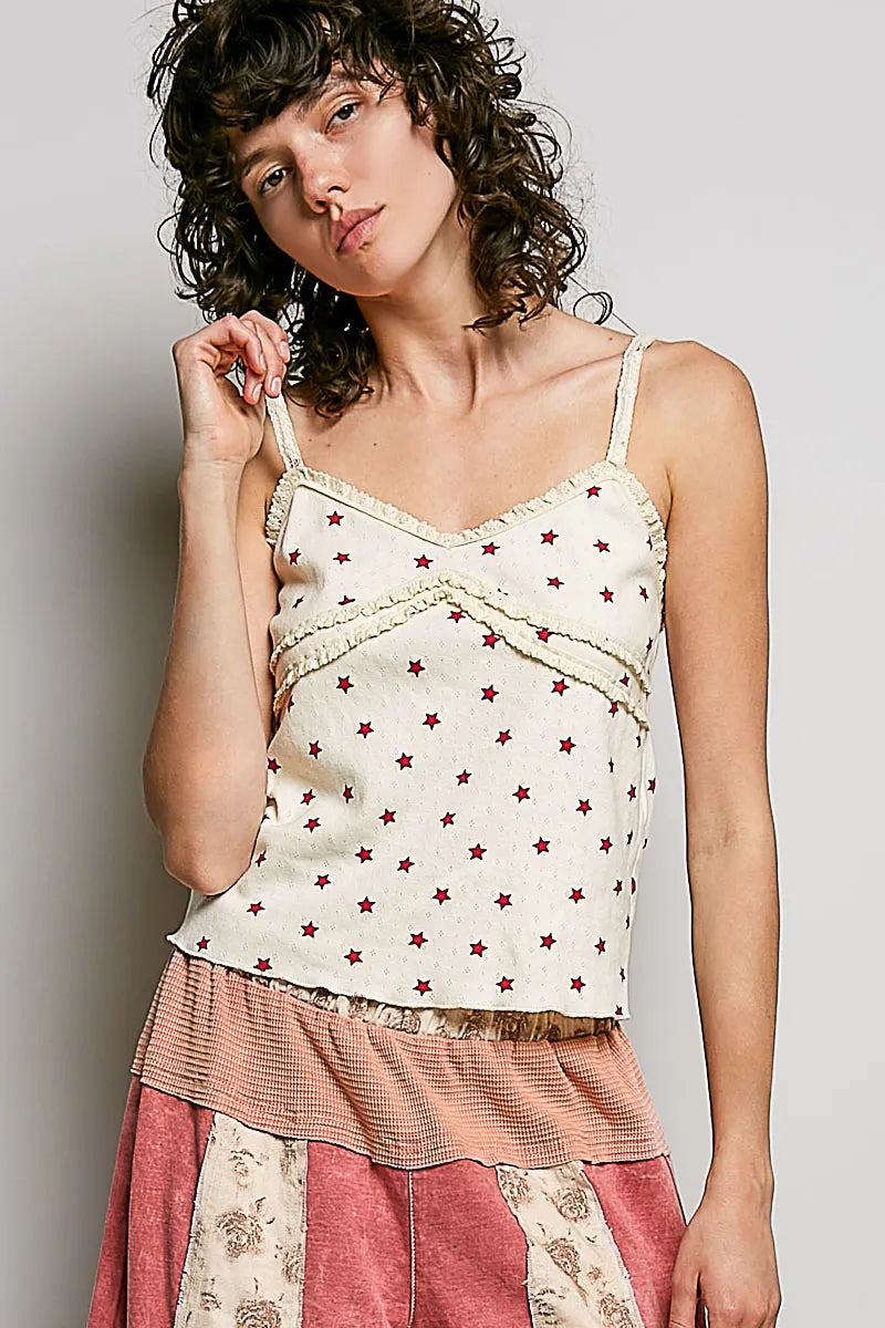 POL Star Printed Lightweight Ribbed Knit Cami - NATURAL MULTI / S