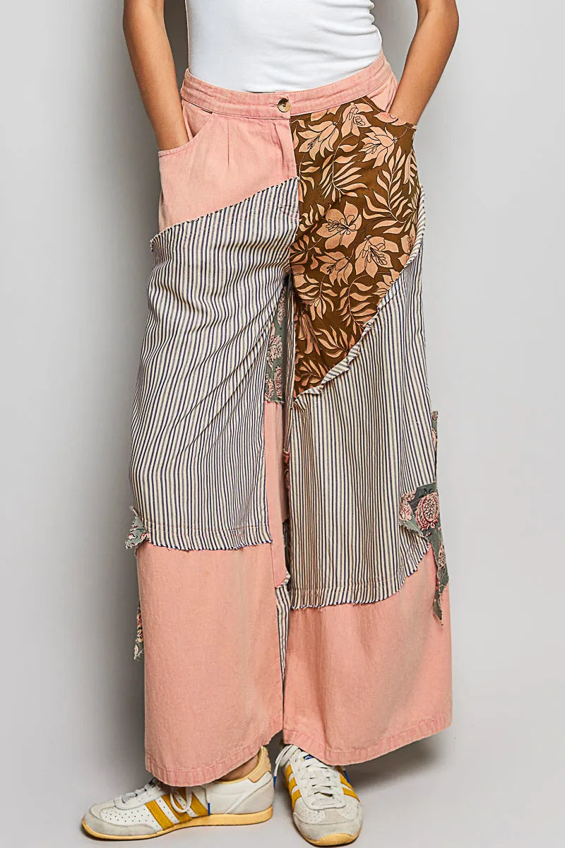 POL Striped Floral Patchwork Wide leg Pants with Side Big Star Patch - PEACH / S