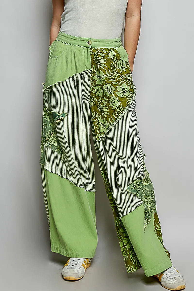 POL Striped Floral Patchwork Wide leg Pants with Side Big Star Patch - PISTACHIO / S