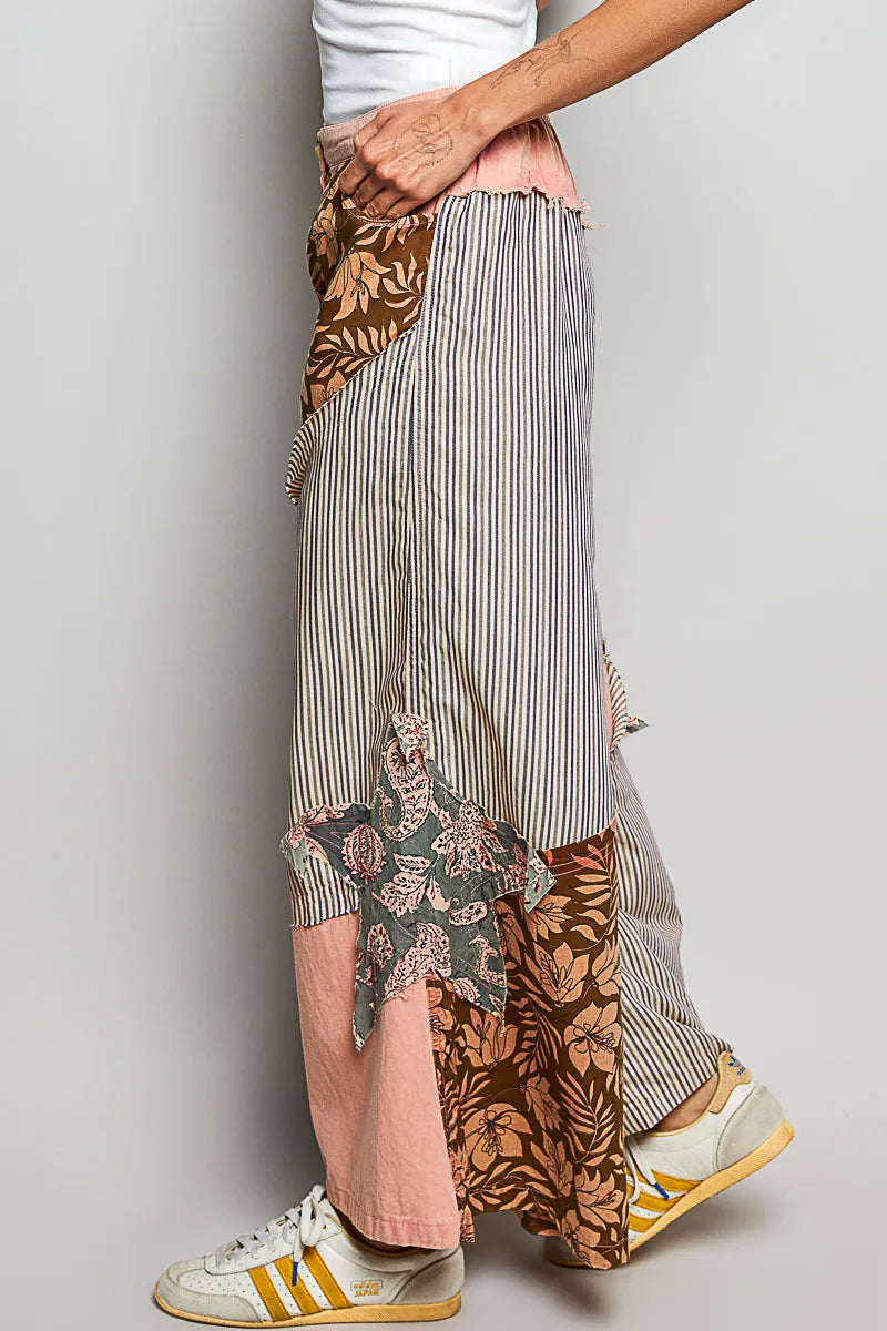 POL Striped Floral Patchwork Wide leg Pants with Side Big Star Patch - PEACH / S