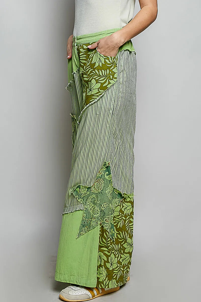 POL Striped Floral Patchwork Wide leg Pants with Side Big Star Patch - PISTACHIO / S
