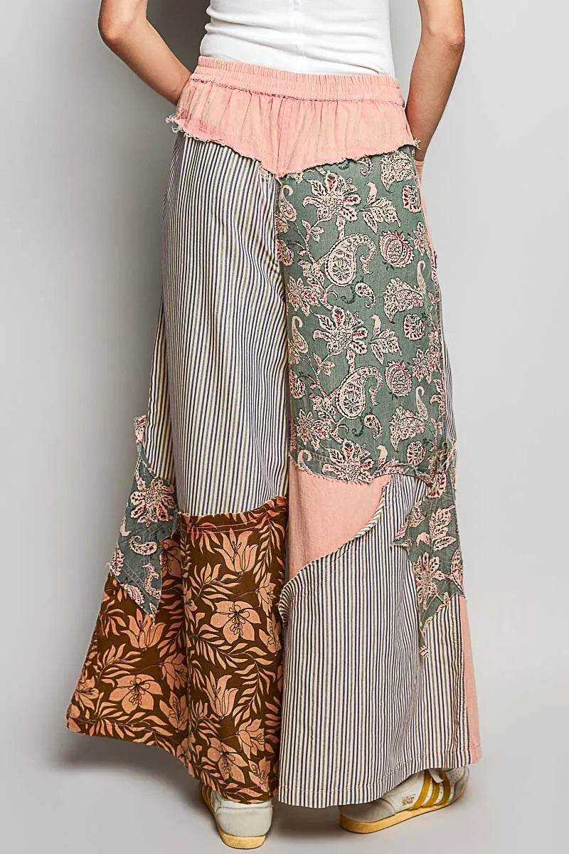 POL Striped Floral Patchwork Wide leg Pants with Side Big Star Patch - PEACH / S