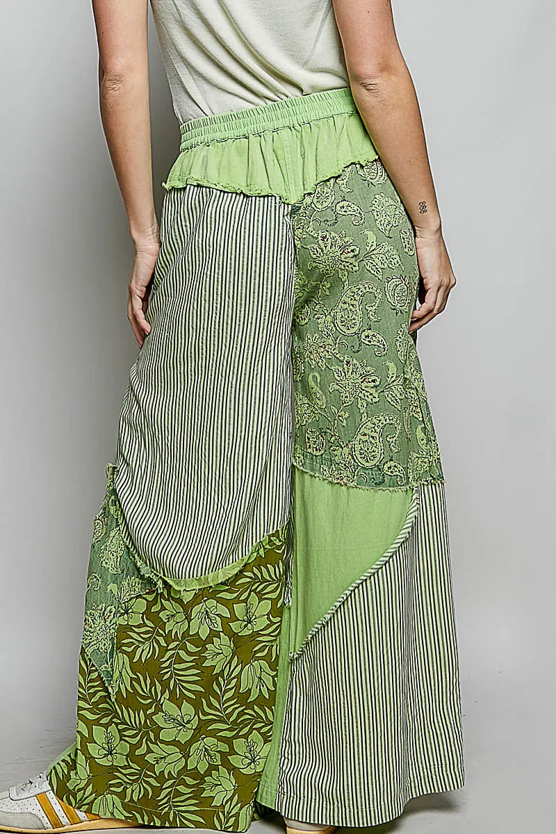 POL Striped Floral Patchwork Wide leg Pants with Side Big Star Patch - PISTACHIO / S