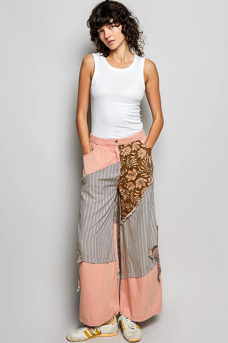 POL Striped Floral Patchwork Wide leg Pants with Side Big Star Patch - PEACH / S