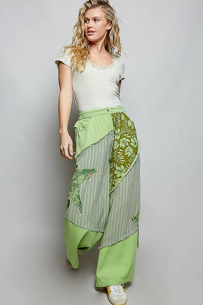 POL Striped Floral Patchwork Wide leg Pants with Side Big Star Patch - PISTACHIO / S