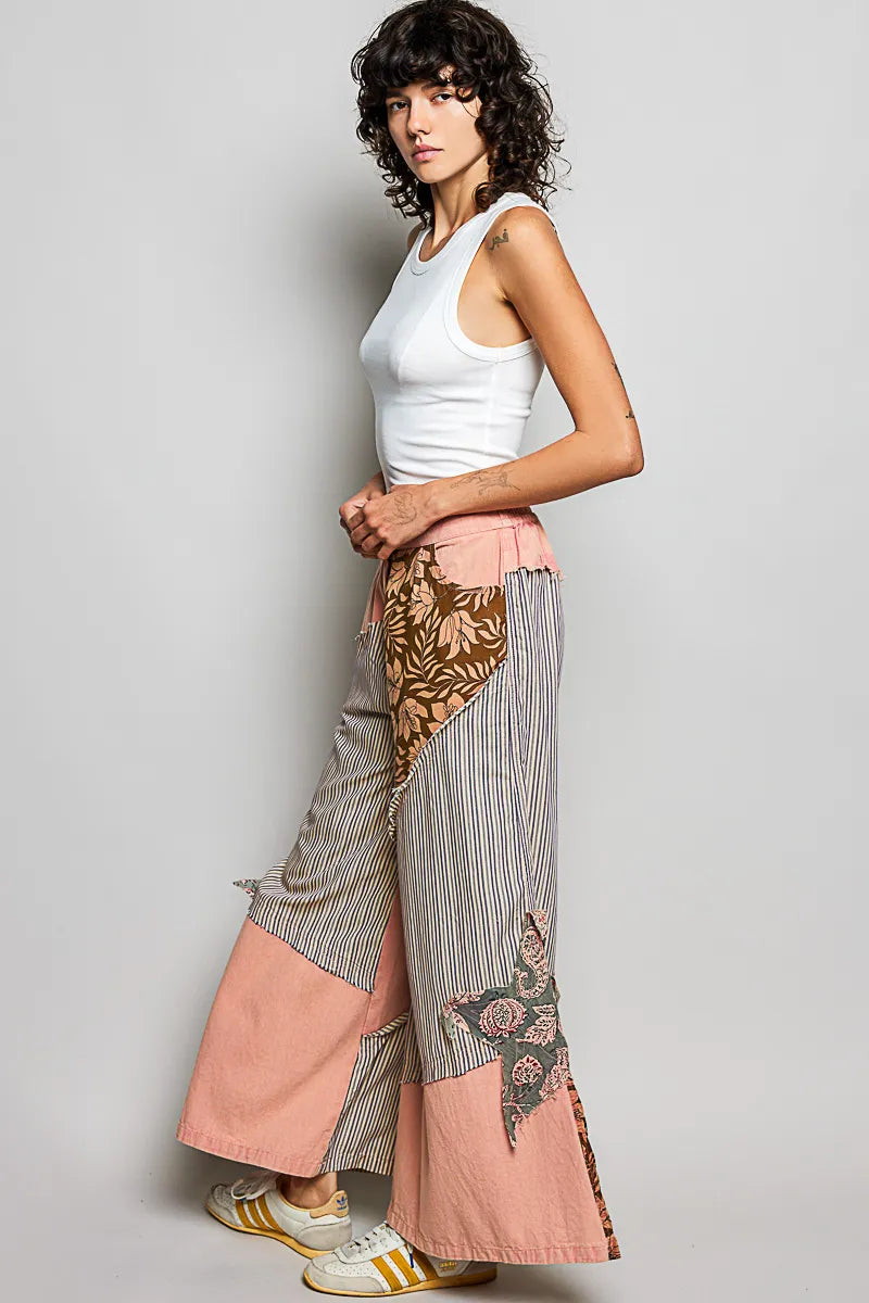 POL Striped Floral Patchwork Wide leg Pants with Side Big Star Patch - PEACH / S