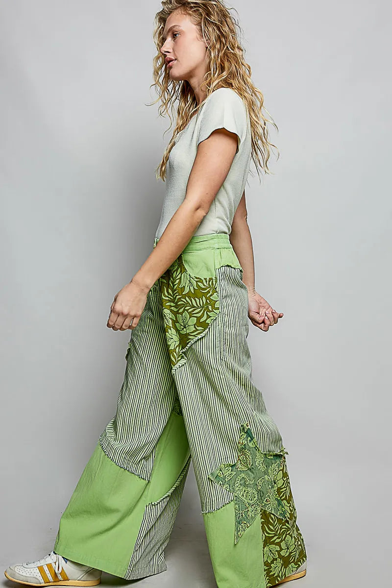 POL Striped Floral Patchwork Wide leg Pants with Side Big Star Patch - PISTACHIO / S