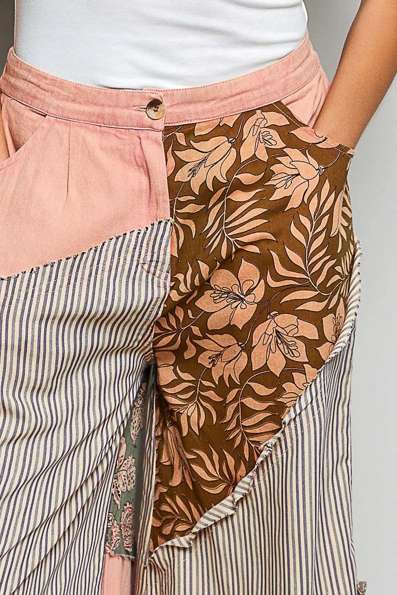 POL Striped Floral Patchwork Wide leg Pants with Side Big Star Patch - PEACH / S