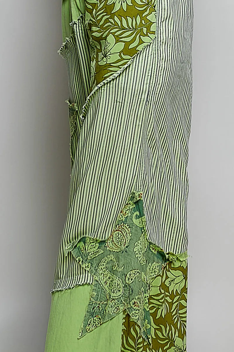 POL Striped Floral Patchwork Wide leg Pants with Side Big Star Patch - PISTACHIO / S
