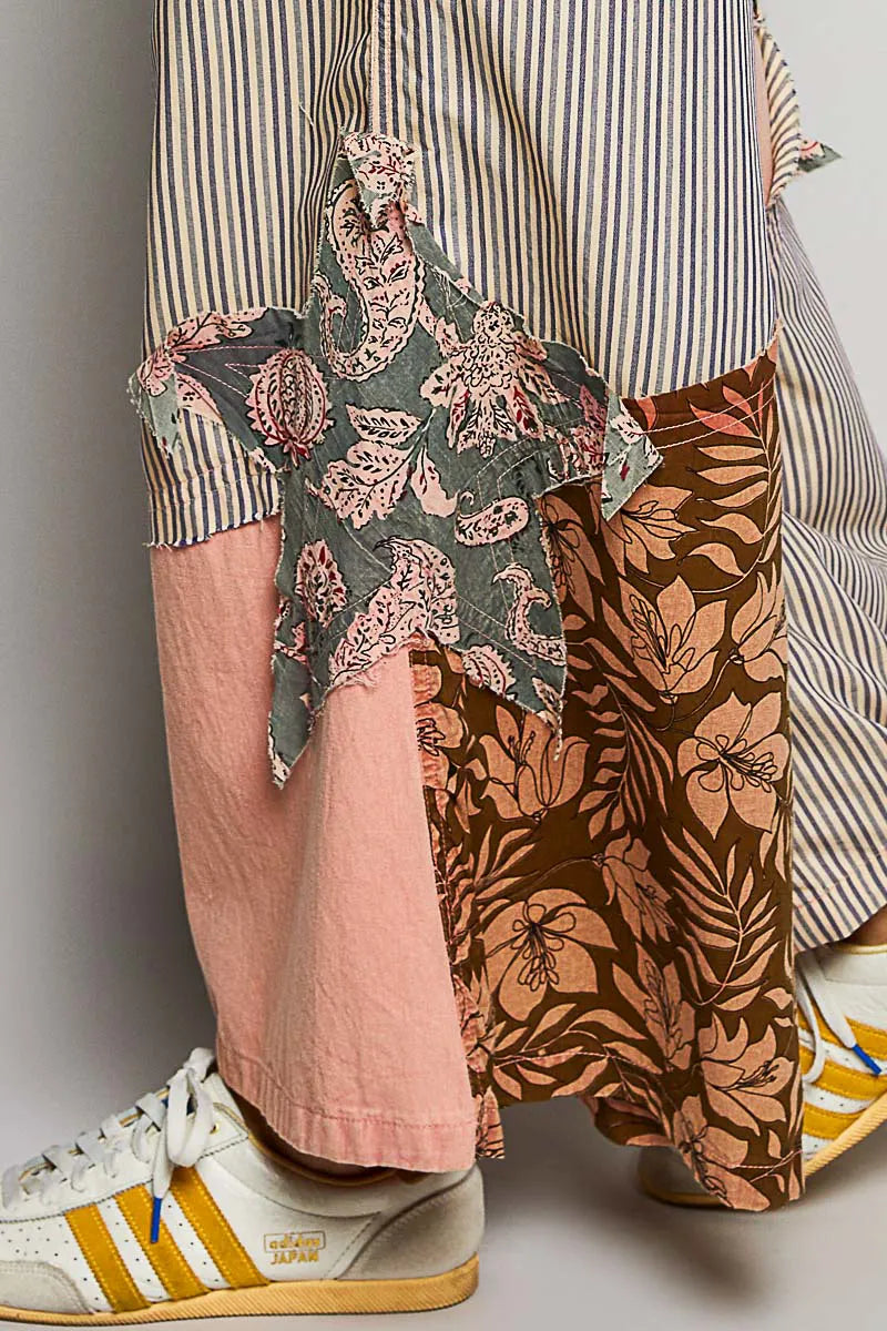 POL Striped Floral Patchwork Wide leg Pants with Side Big Star Patch - PEACH / S