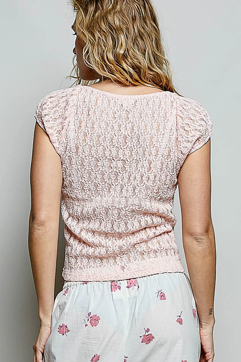 POL Sweetheart Neck Lace Short Sleeve Top - Blush - BLUSH / S