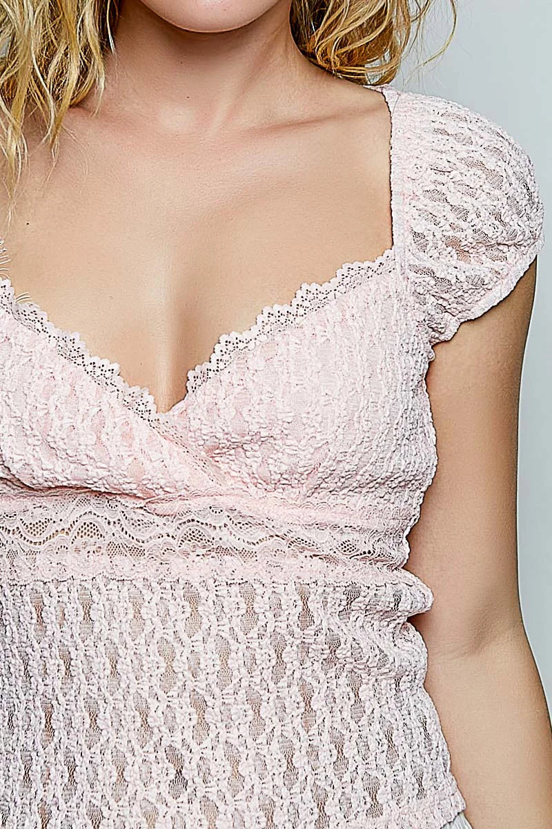 POL Sweetheart Neck Lace Short Sleeve Top - Blush - BLUSH / S