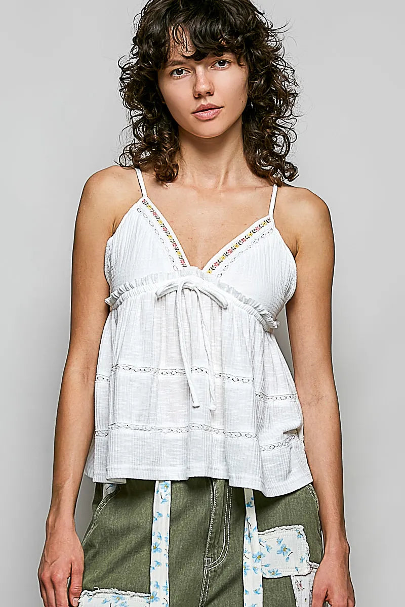 POL V-Neck Embroidered Trim Ruffled Cami - OFF WHITE / S