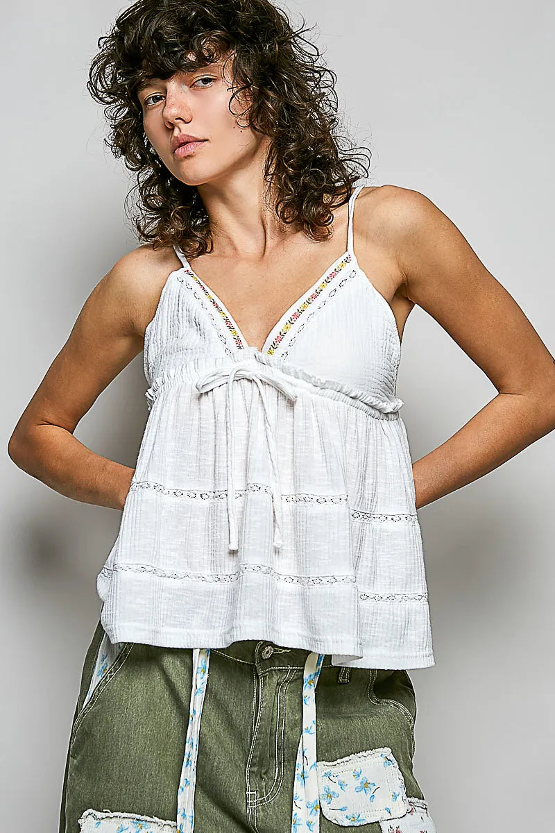 POL V-Neck Embroidered Trim Ruffled Cami - OFF WHITE / S