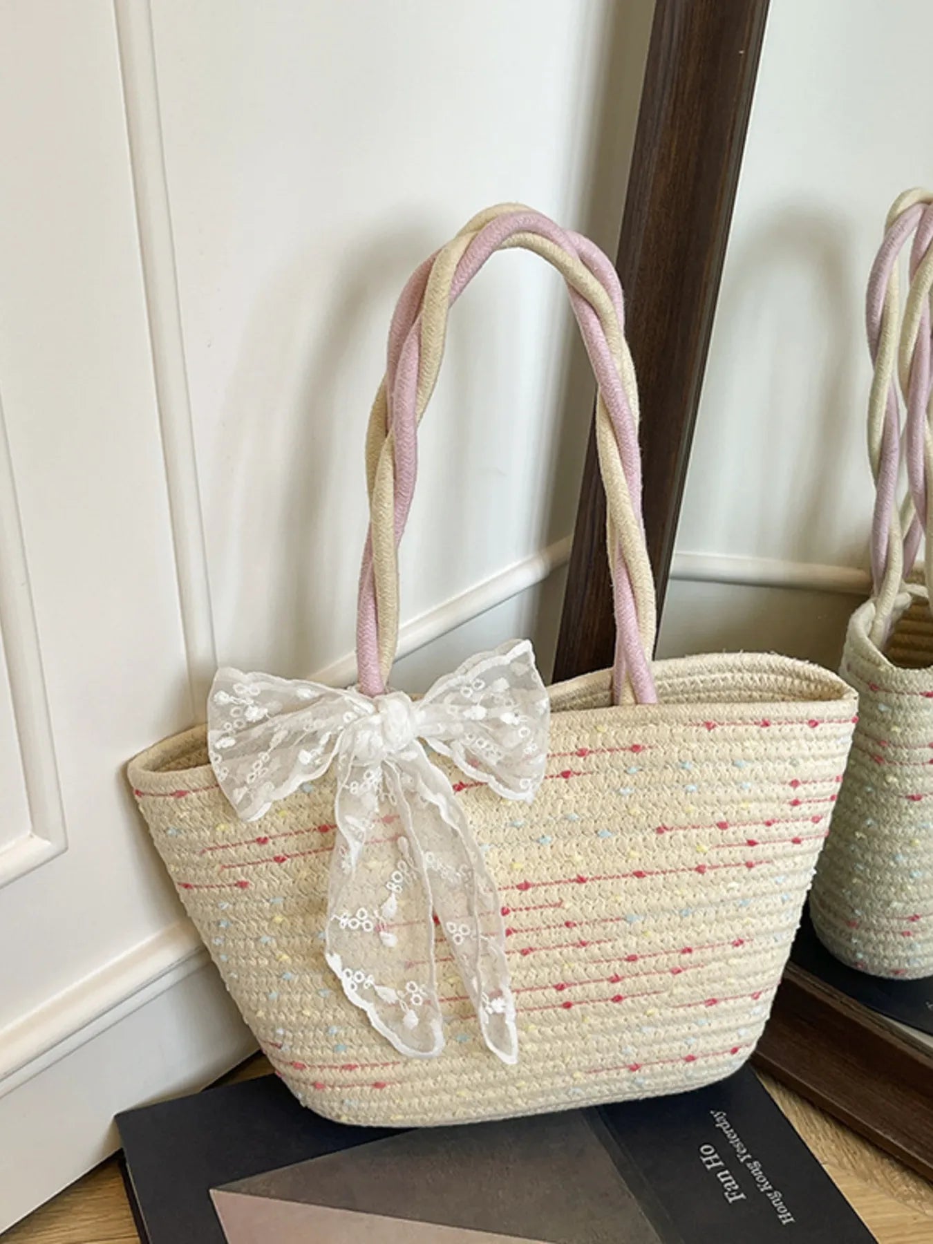 Woven Straw Shoulder Bag with Lace Bow Detail - Beige / One Size
